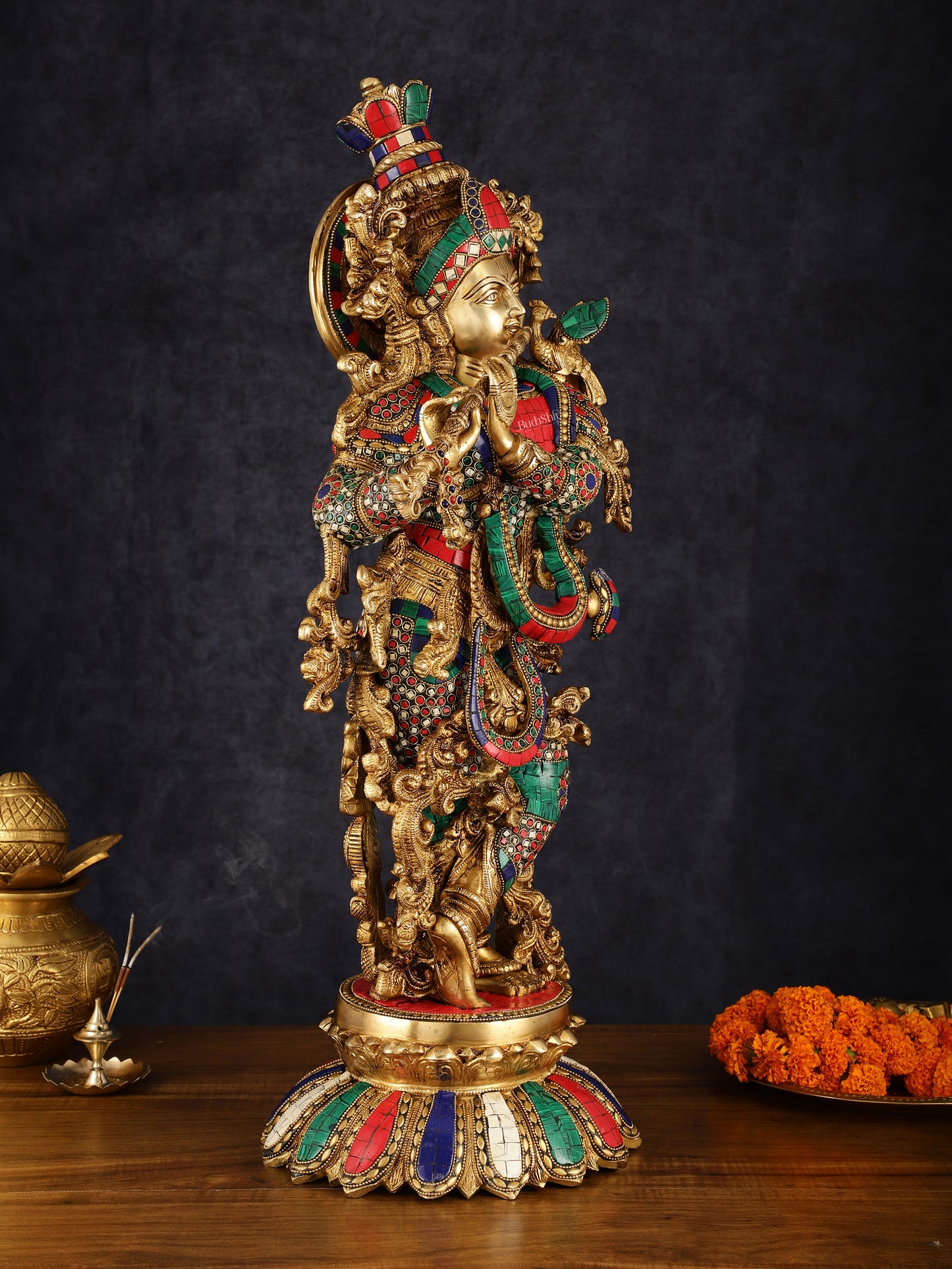 Pure Brass Superfine Lord Krishna Statue with Stonework, 27" Height