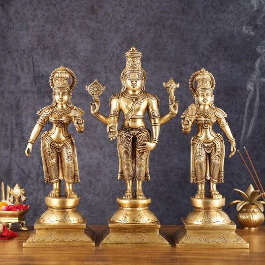 Superfine Brass Lord Tirupati Balaji with Bhudevi and Shreedevi Idol Set - 18.5"