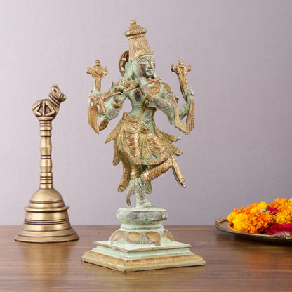 Pure Brass Krishna Roopam Vishnu Sculpture - Sand Blast Finish | 12"