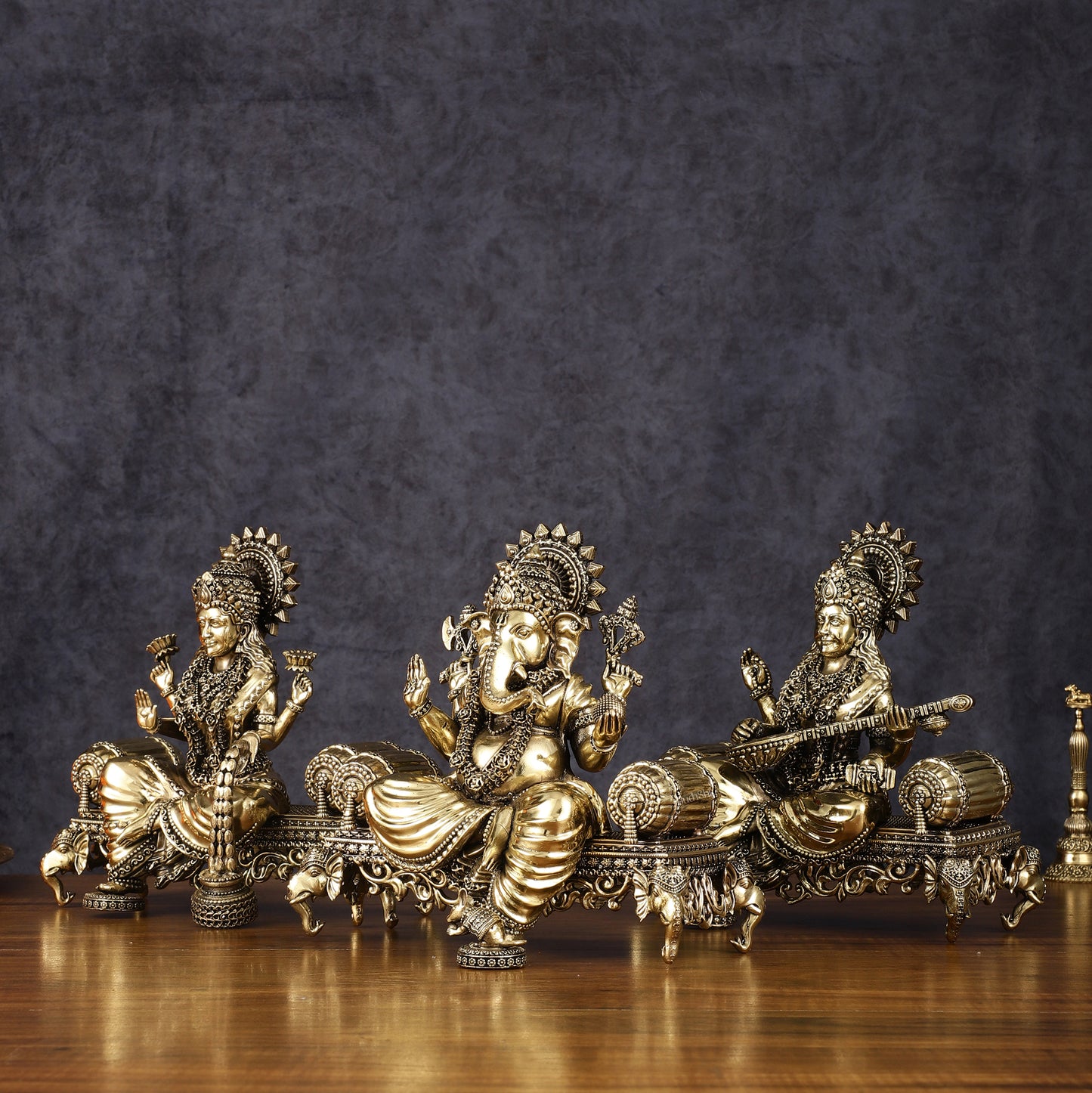 Brass Superfine Large Ganesha Lakshmi Saraswati Idol Set - 7 Inch