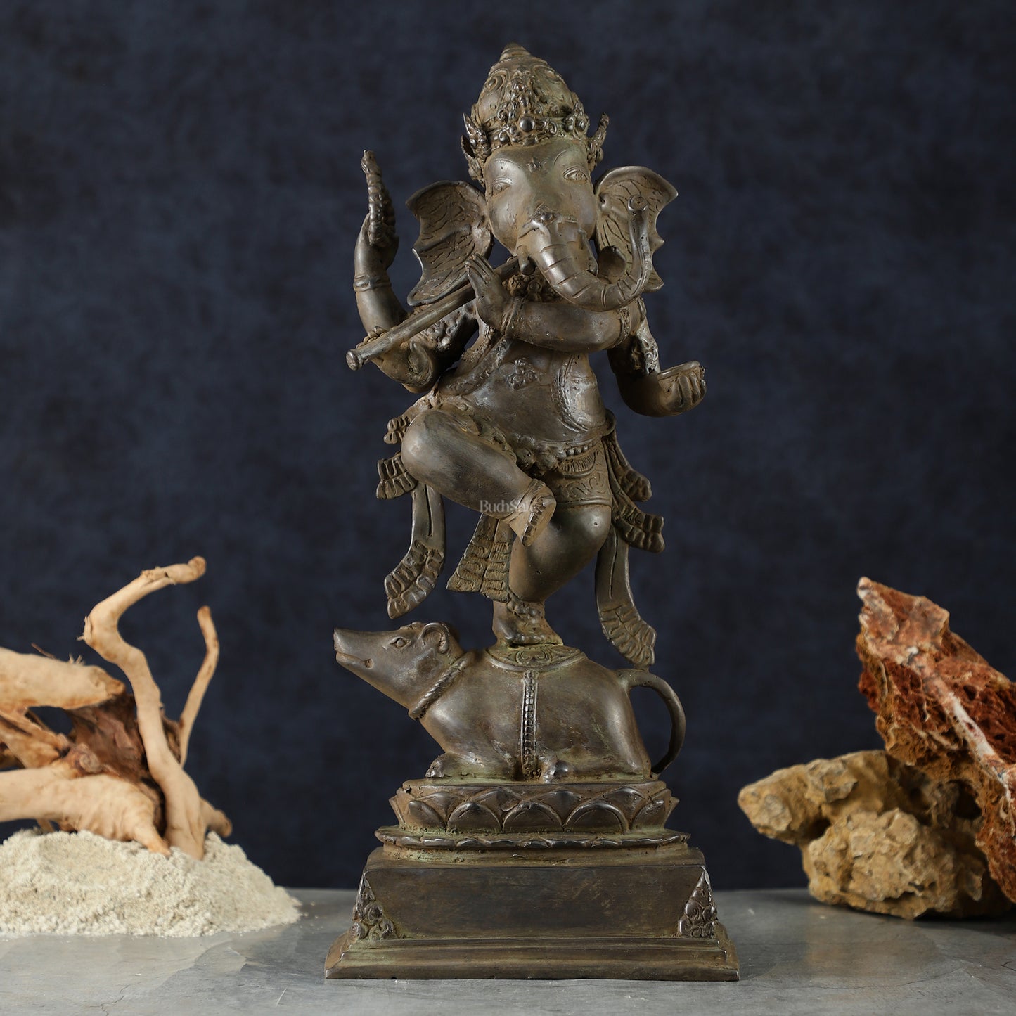 Indonesian Bronze Dancing Ganesha Playing Flute on Mooshak | Lost Wax Casting | 16.5"