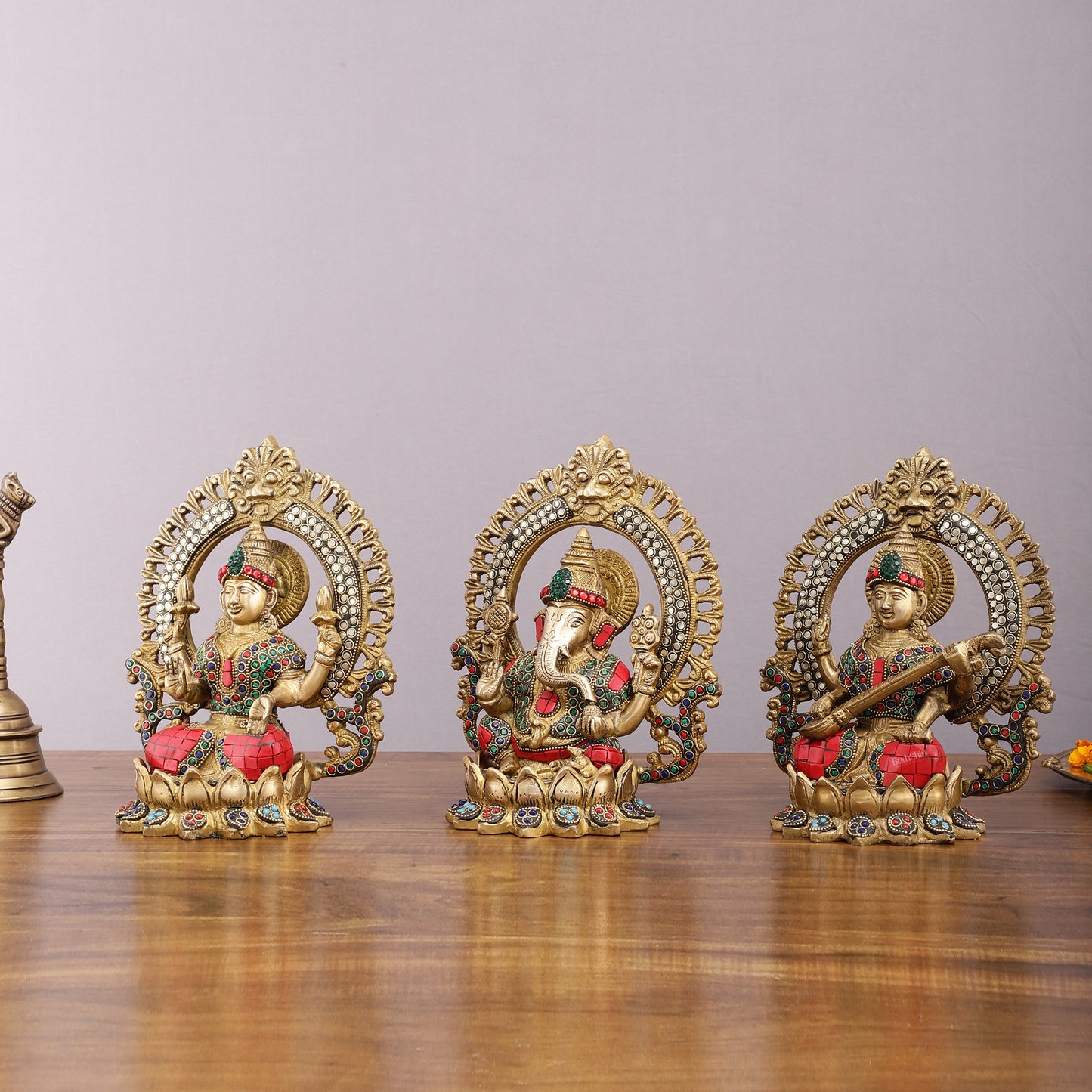 Brass Ganesha, Lakshmi, and Saraswati Idols with Meenakari Stonework 9.5"