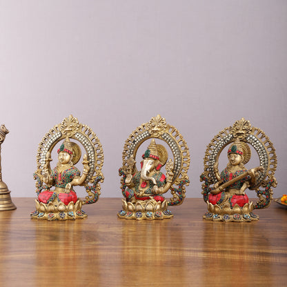 Brass Ganesha, Lakshmi, and Saraswati Idols with Meenakari Stonework 9.5"