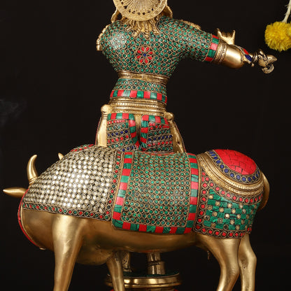 Superfine Krishna with Cow Sculpture - 25.5" Height, Meenakari Stonework