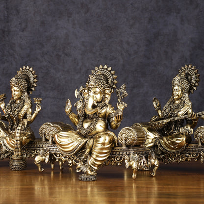 Brass Superfine Large Ganesha Lakshmi Saraswati Idol Set - 7 Inch