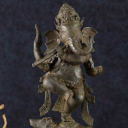 Indonesian Bronze Dancing Ganesha Playing Flute on Mooshak | Lost Wax Casting | 16.5"