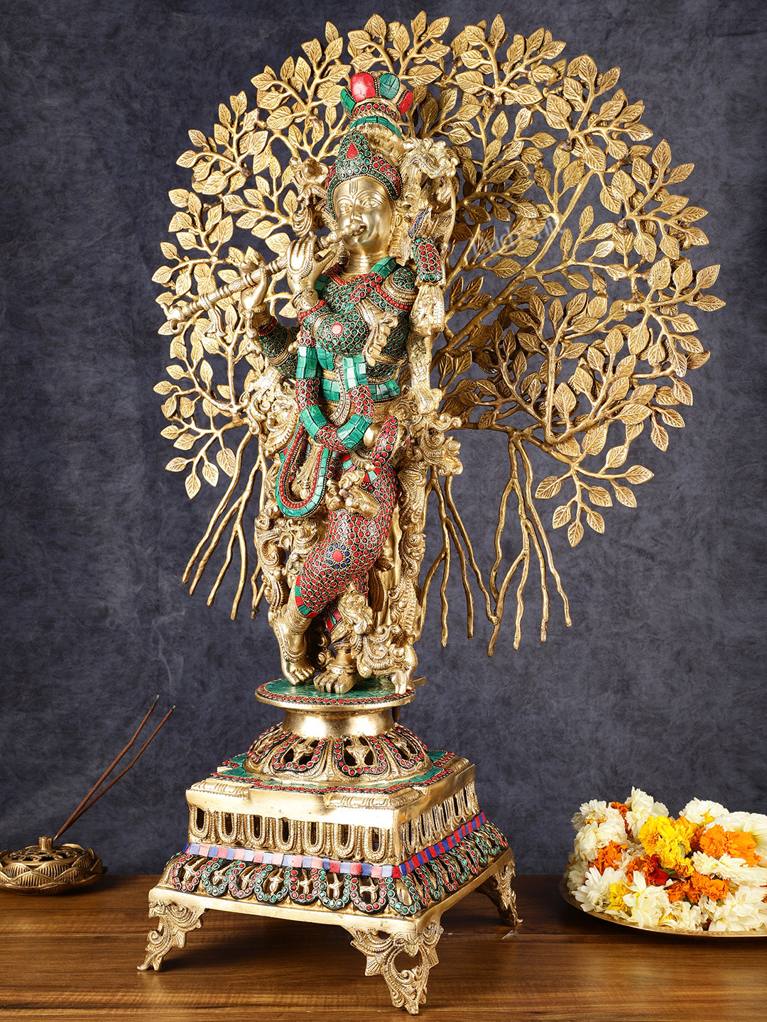 Krishna Superfine Brass Idol with Kalpavriksha Tree | Multicolour Stonework