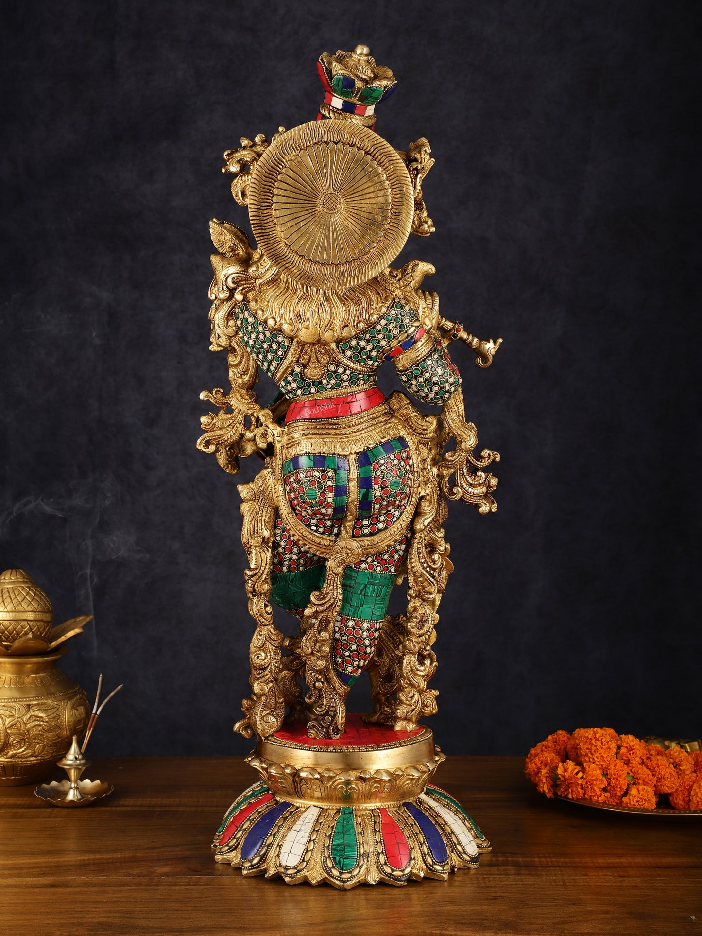 Pure Brass Superfine Lord Krishna Statue with Stonework, 27" Height