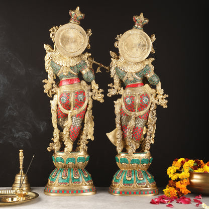 Pure Brass Radha Krishna Idols with Stonework | 30"