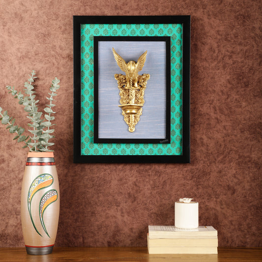 Elegant Brass Parrot Diya on Wooden Frame Wall Decor - 17.5" x 14"