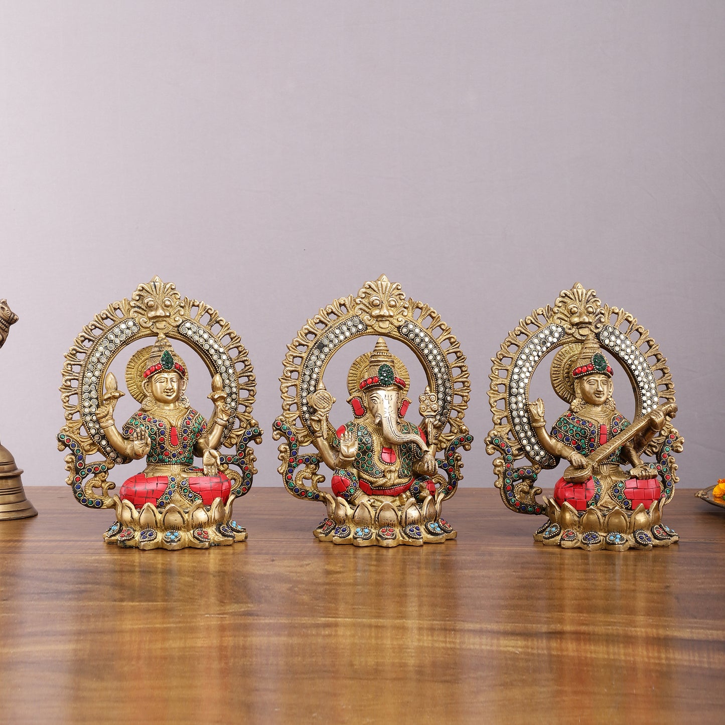 Brass Ganesha, Lakshmi, and Saraswati Idols with Meenakari Stonework 9.5"