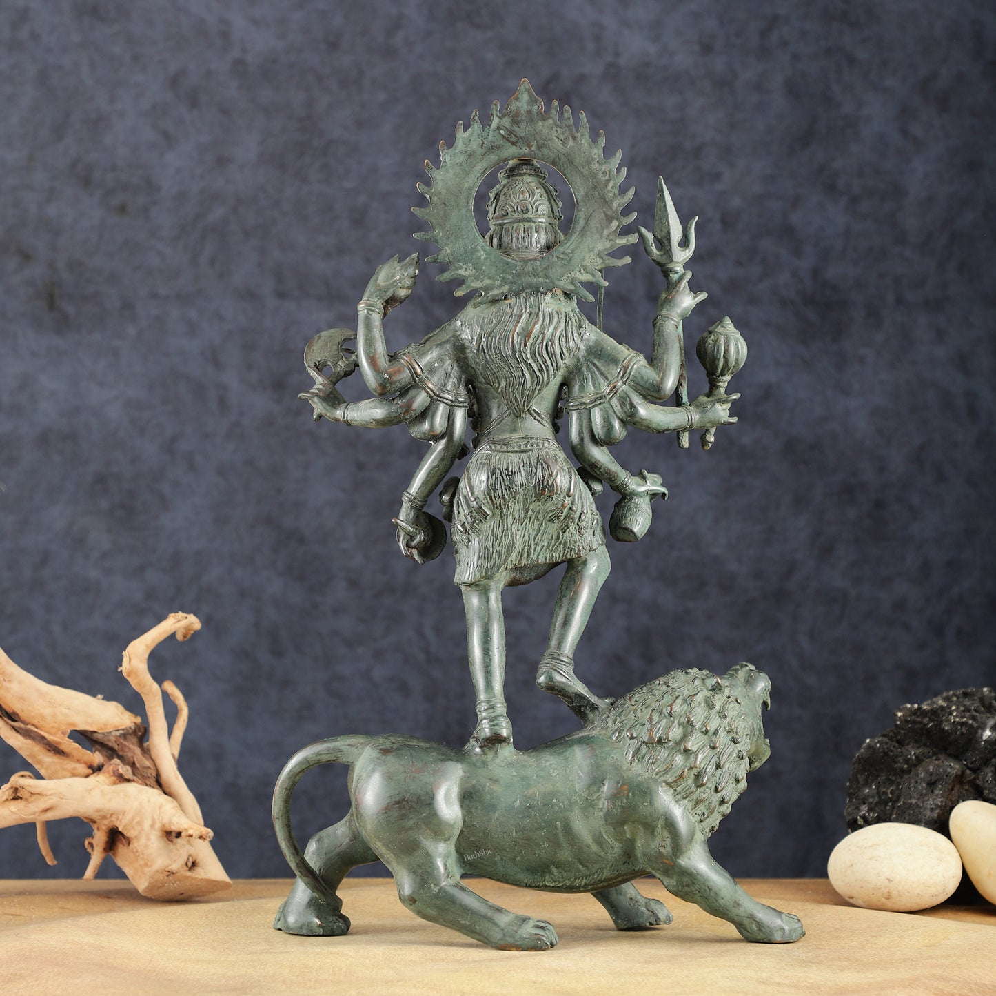 Vintage Balinese Bronze Durga Ma kali Standing on Lion Sculpture – 18.5" Height, Lost Wax Casting