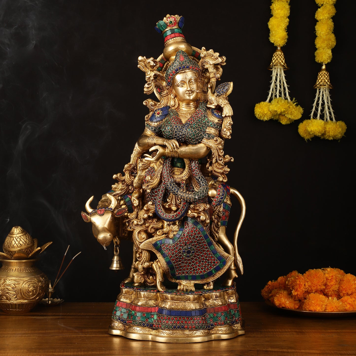 Exquisite Brass Radha with Cow Idol - 26.5" Height, Meenakari Stonework