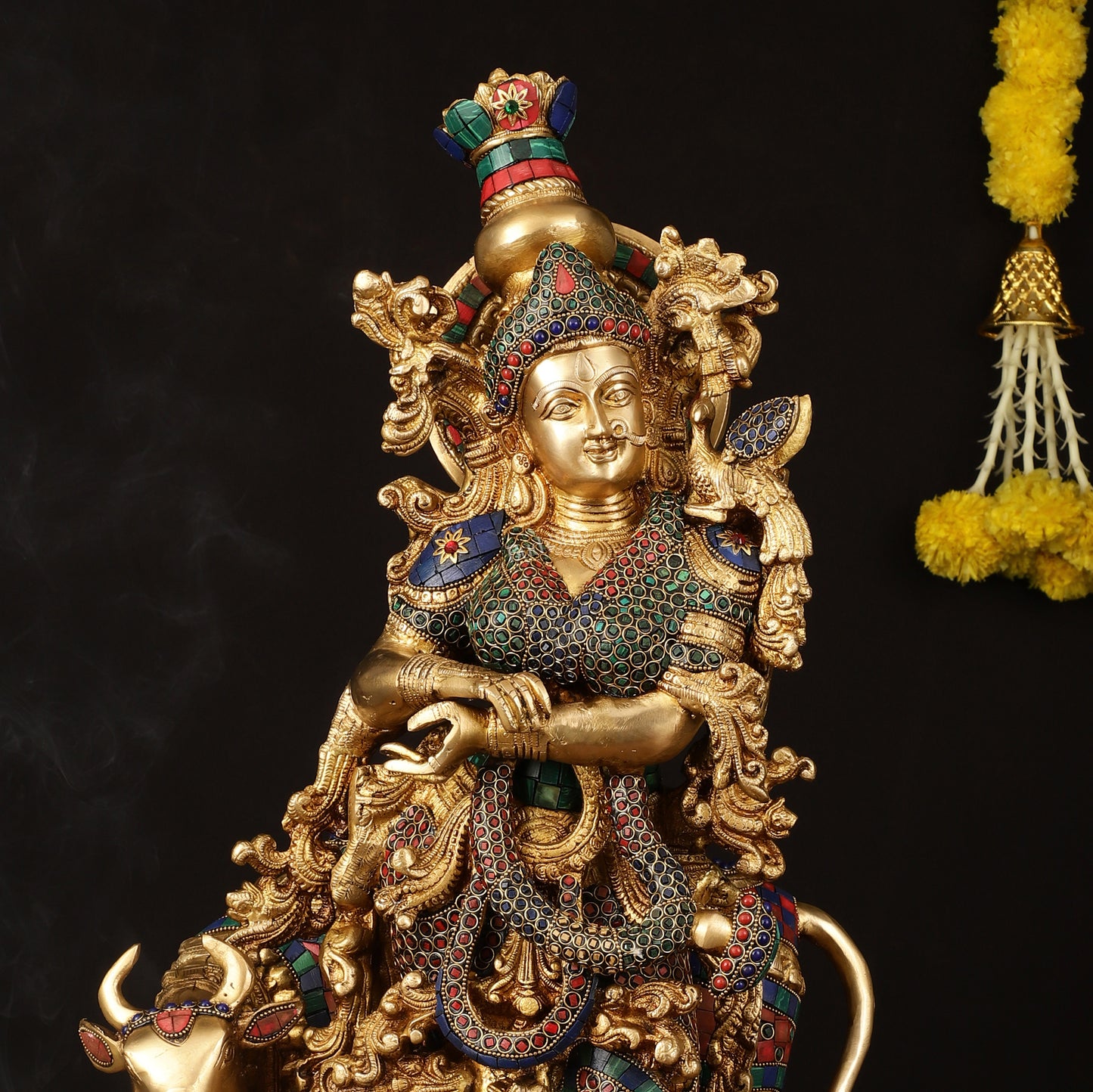 Exquisite Brass Radha with Cow Idol - 26.5" Height, Meenakari Stonework