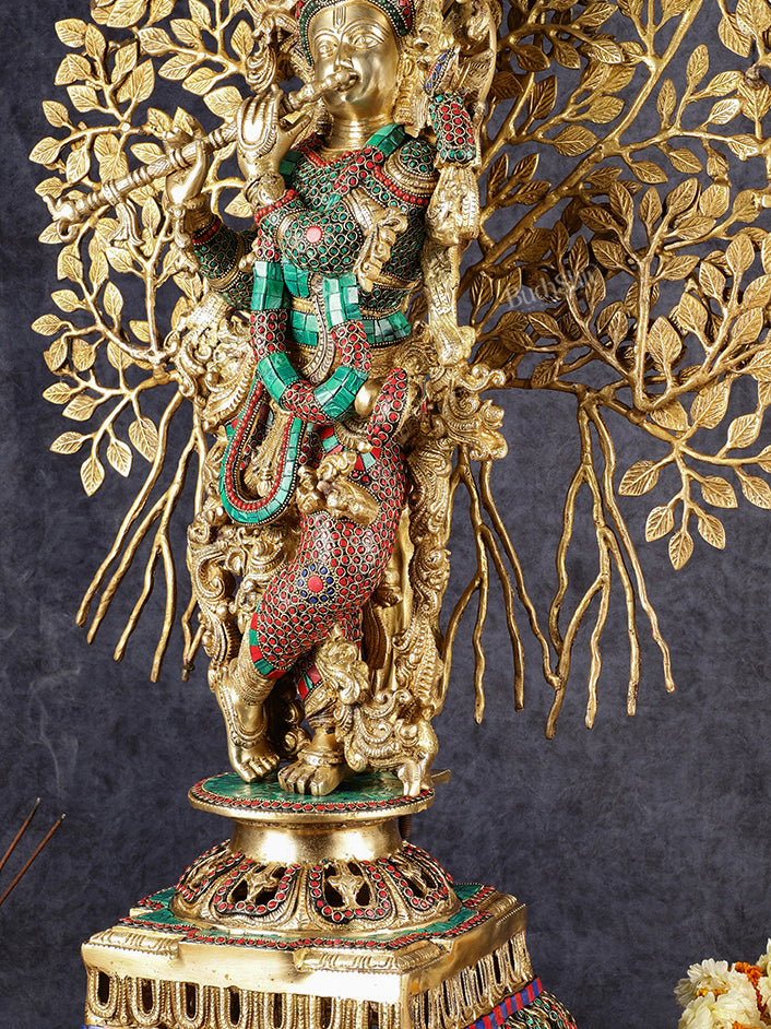 Krishna Superfine Brass Idol with Kalpavriksha Tree | Multicolour Stonework