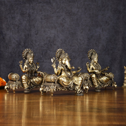 Brass Superfine Large Ganesha Lakshmi Saraswati Idol Set - 7 Inch