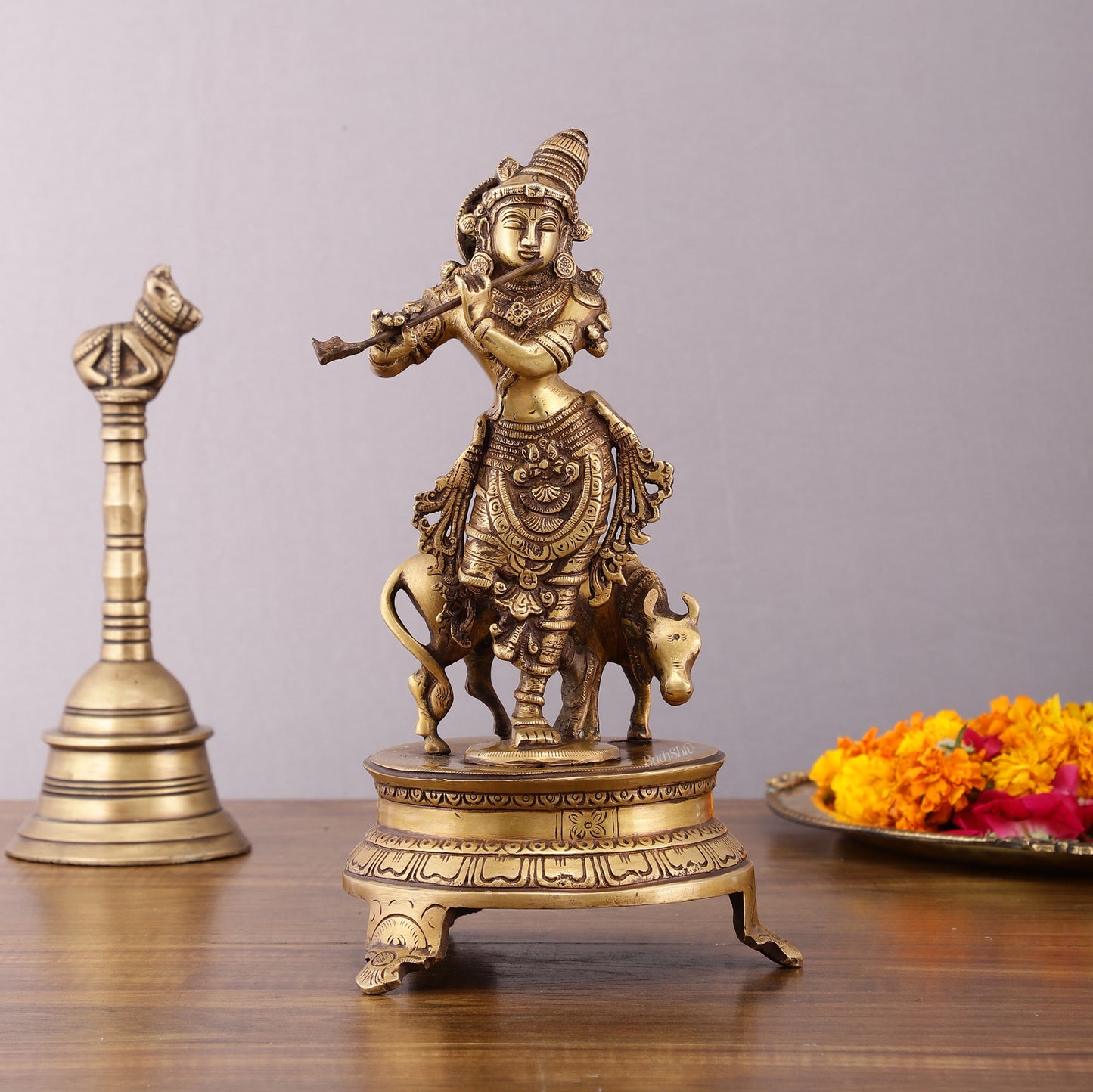 Brass Krishna with Cow on Round Pedestal - Venugopala Murthy | 10.5"