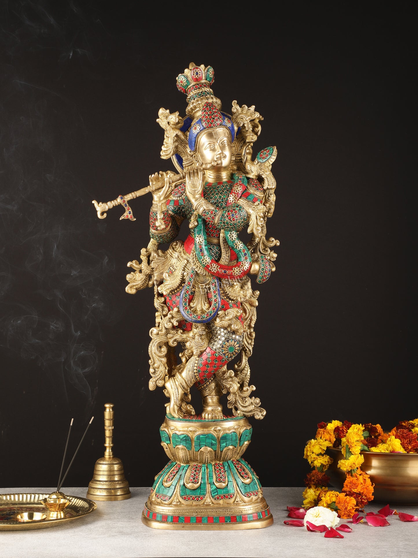 Exquisite Brass Lord Krishna Murti with Meenakari | 29"