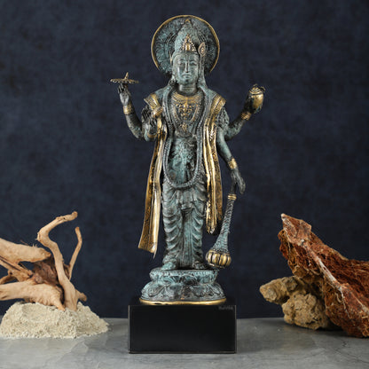 Indonesian Bronze Vintage Blue Standing Vishnu Statue | 18" Height