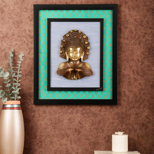 Pure Brass Buddha Bust Anjali Mudra on Wooden Frame with Premium Fabric | 17.5 Inch Wall Hanging