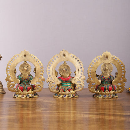 Brass Ganesha, Lakshmi, and Saraswati Idols with Meenakari Stonework 9.5"