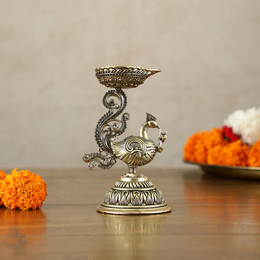 Superfine Brass Intricate Peacock Diya Oil Lamp – 5 Inch (12.7 cm)