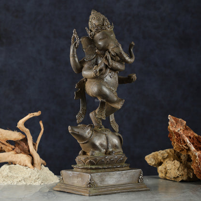 Indonesian Bronze Dancing Ganesha Playing Flute on Mooshak | Lost Wax Casting | 16.5"