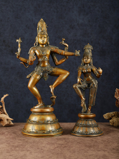 Brass Dancing Shiva and Parvati Statue Set – 22" Heights, Bronze Brown Finish