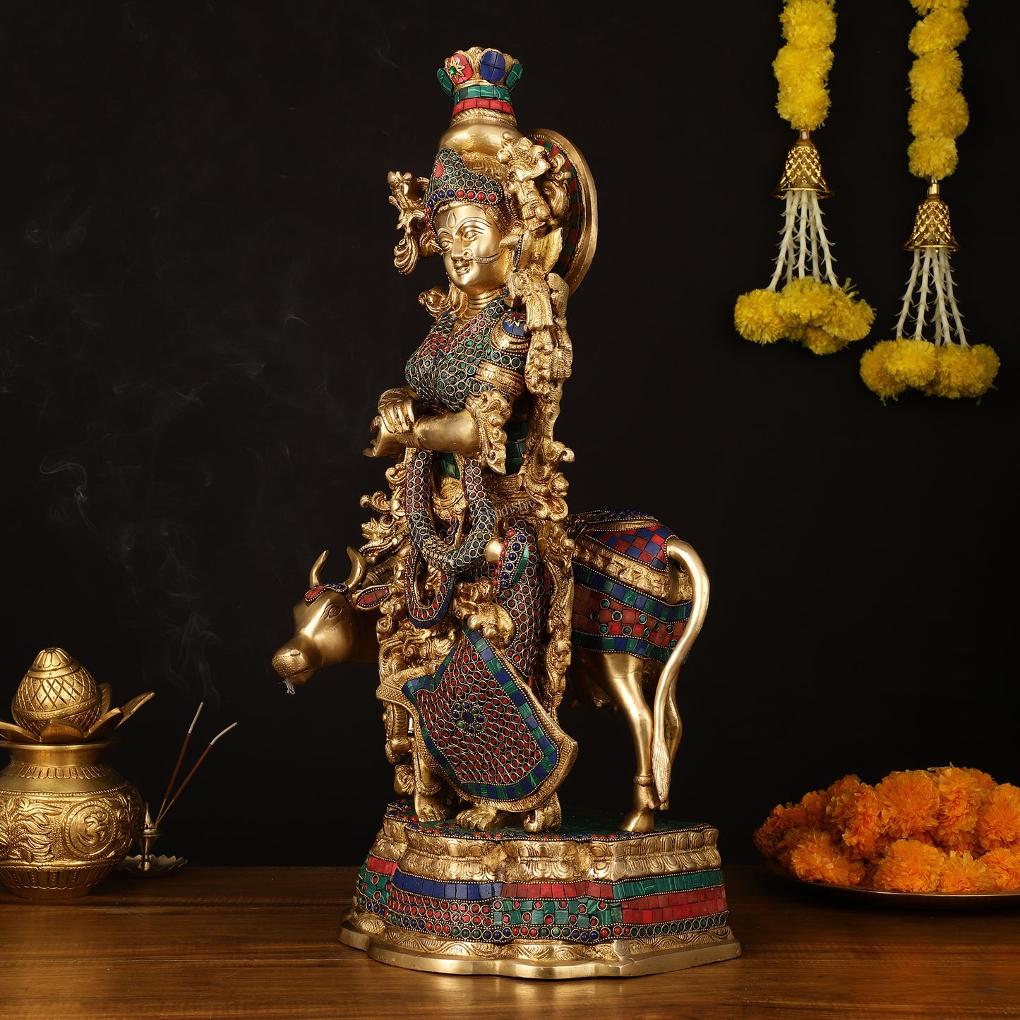 Exquisite Brass Radha with Cow Idol - 26.5" Height, Meenakari Stonework