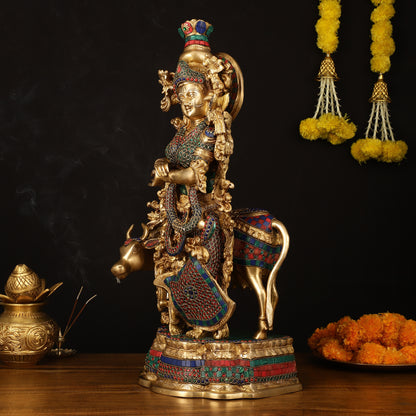 Exquisite Brass Radha with Cow Idol - 26.5" Height, Meenakari Stonework