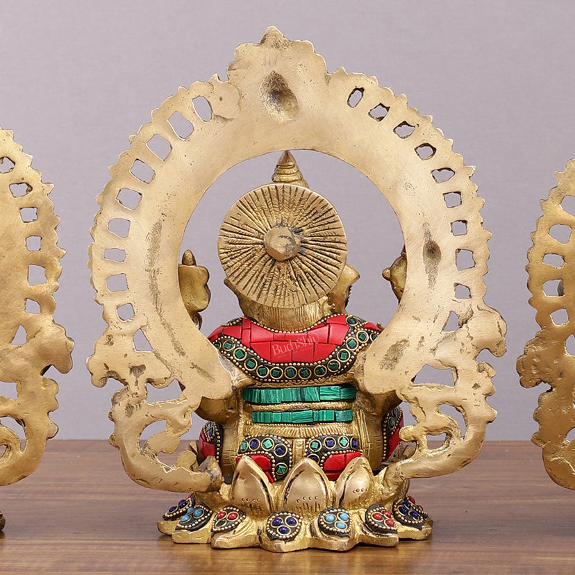 Brass Ganesha, Lakshmi, and Saraswati Idols with Meenakari Stonework 9.5"