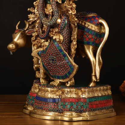 Exquisite Brass Radha with Cow Idol - 26.5" Height, Meenakari Stonework