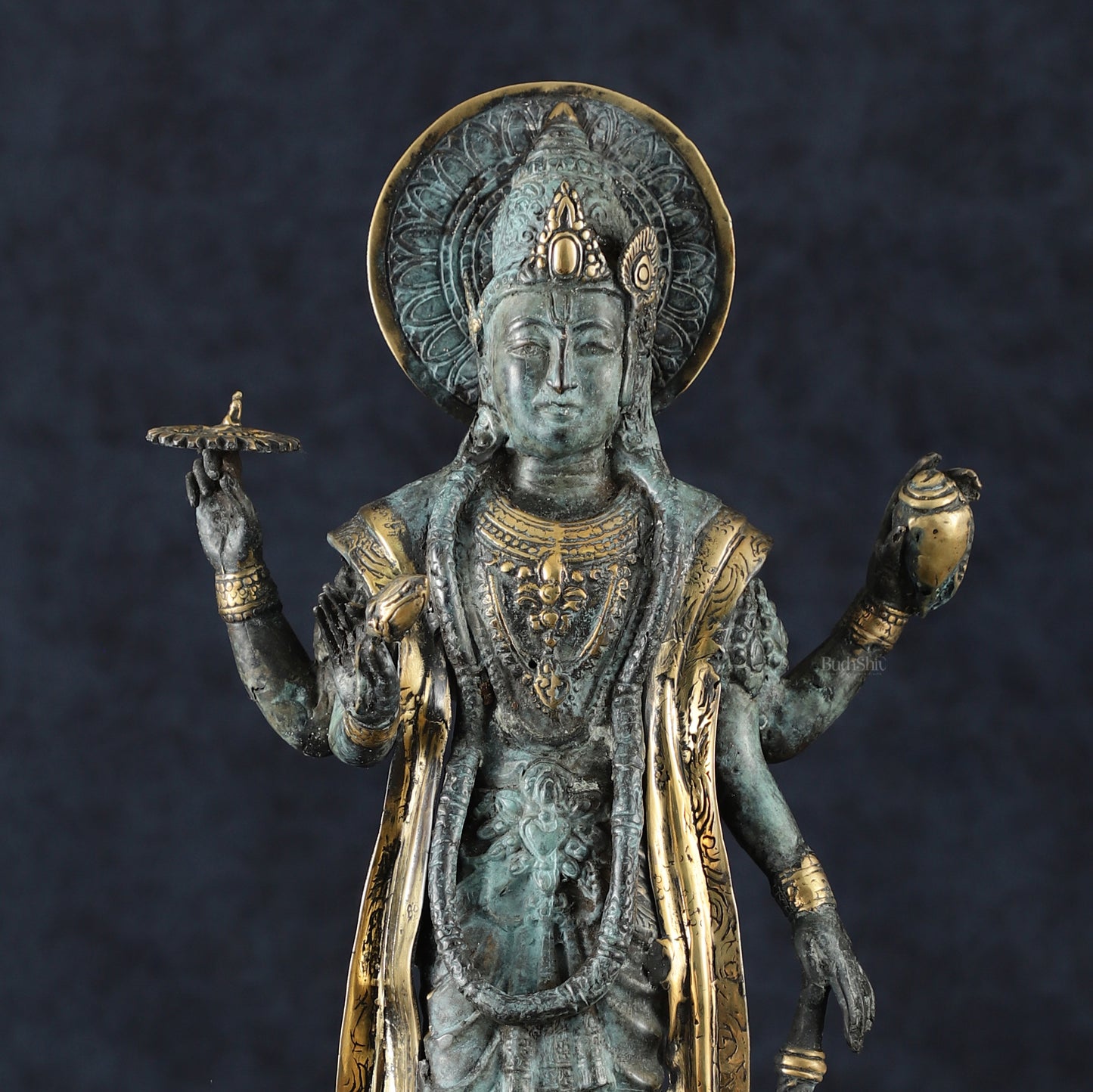 Indonesian Bronze Vintage Blue Standing Vishnu Statue | 18" Height