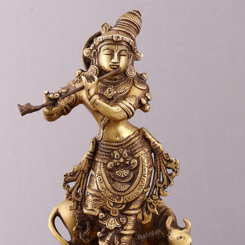 Brass Krishna with Cow on Round Pedestal - Venugopala Murthy | 10.5"