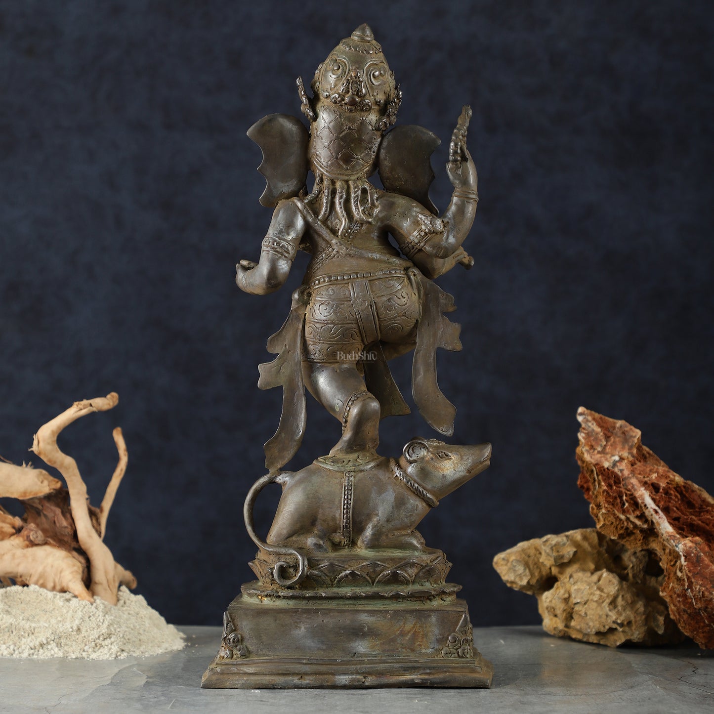 Indonesian Bronze Dancing Ganesha Playing Flute on Mooshak | Lost Wax Casting | 16.5"