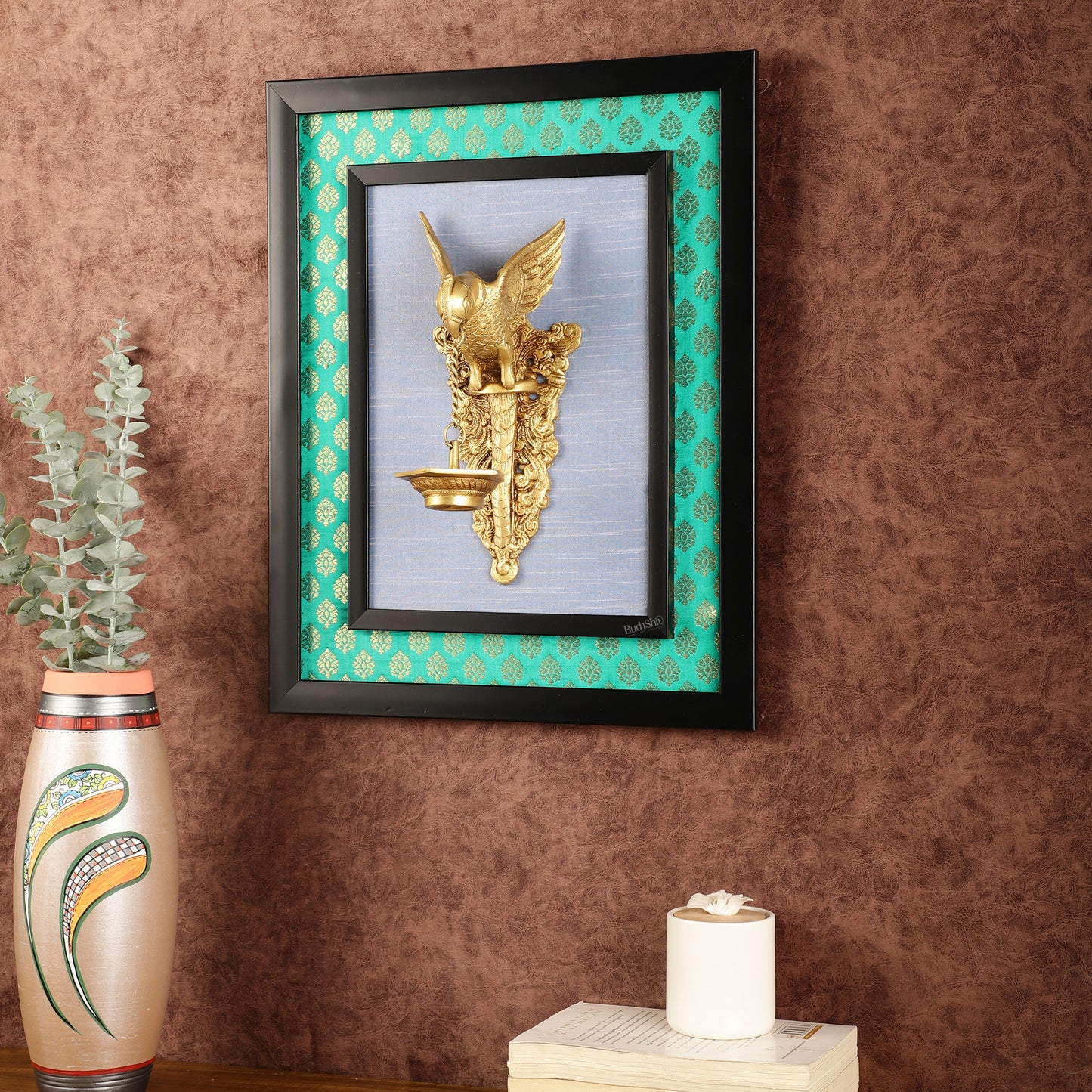 Elegant Brass Parrot Diya on Wooden Frame Wall Decor - 17.5" x 14"