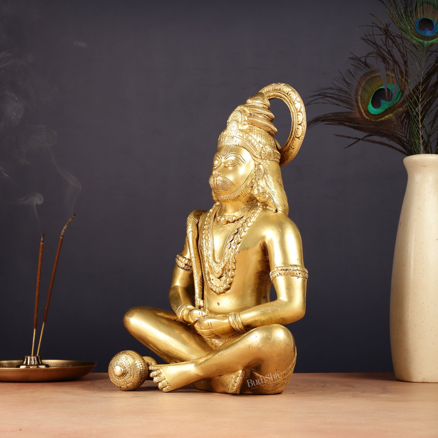 Brass Hanuman Idol in Meditation - 12 inch matte