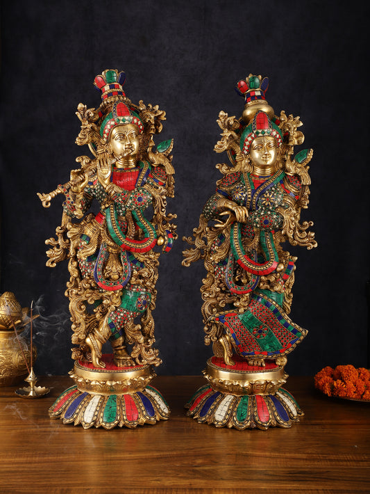 Pure Brass Superfine Radha Krishna Statue with Stonework, 27" Height, 40 KG