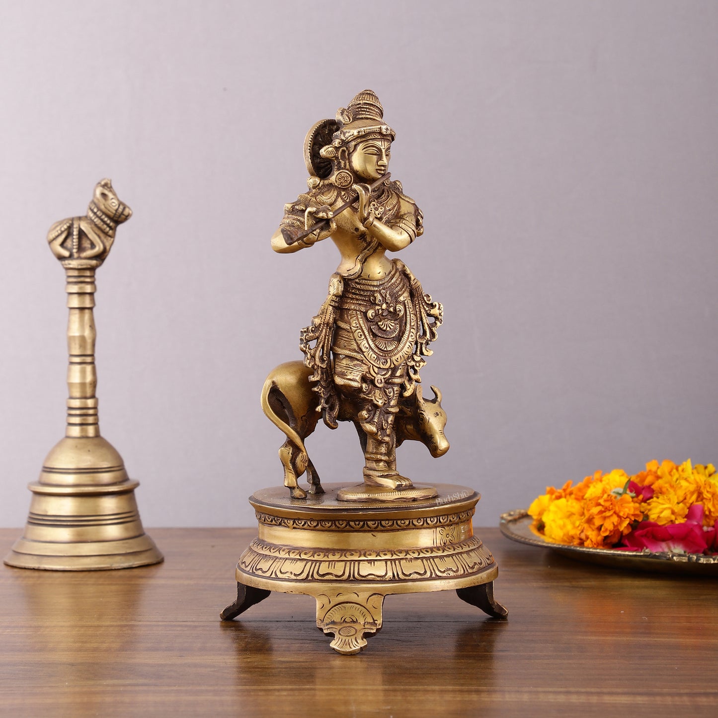 Brass Krishna with Cow on Round Pedestal - Venugopala Murthy | 10.5"