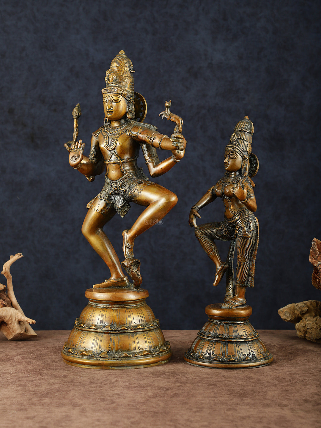 Brass Dancing Shiva and Parvati Statue Set – 22" Heights, Bronze Brown Finish