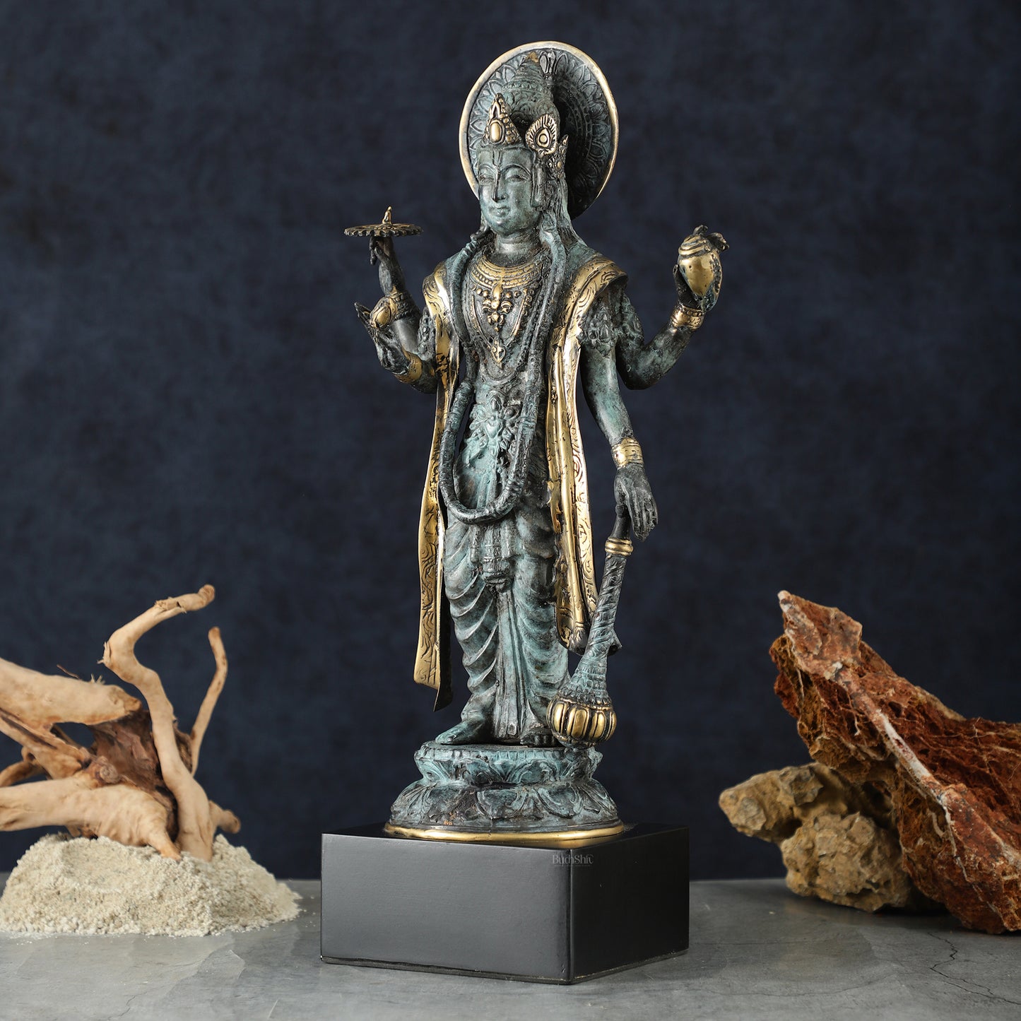 Indonesian Bronze Vintage Blue Standing Vishnu Statue | 18" Height