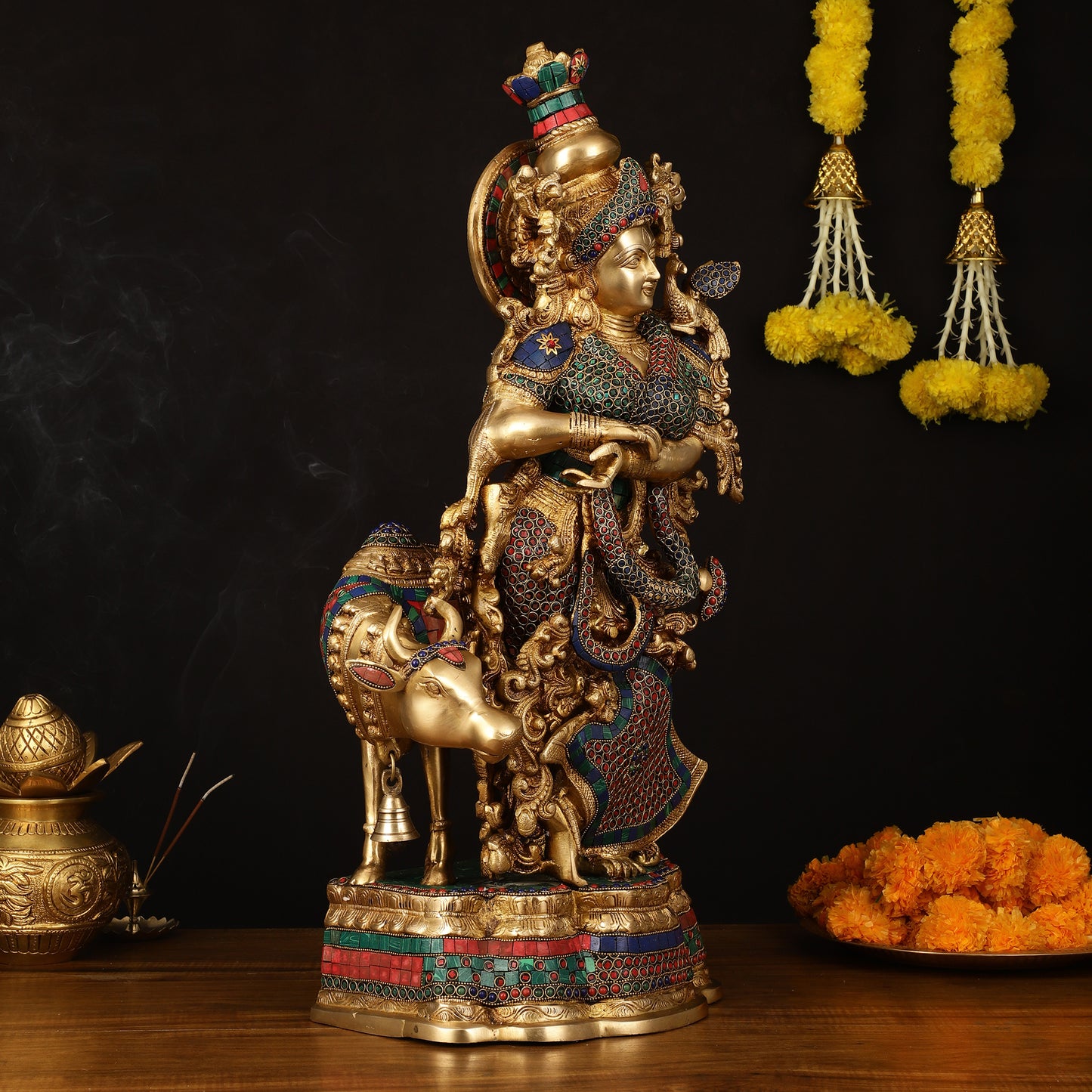 Exquisite Brass Radha with Cow Idol - 26.5" Height, Meenakari Stonework