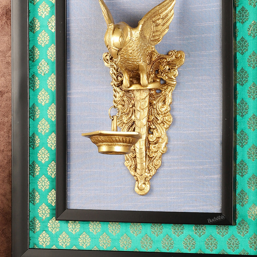 Elegant Brass Parrot Diya on Wooden Frame Wall Decor - 17.5" x 14"