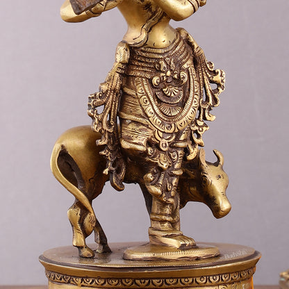 Brass Krishna with Cow on Round Pedestal - Venugopala Murthy | 10.5"