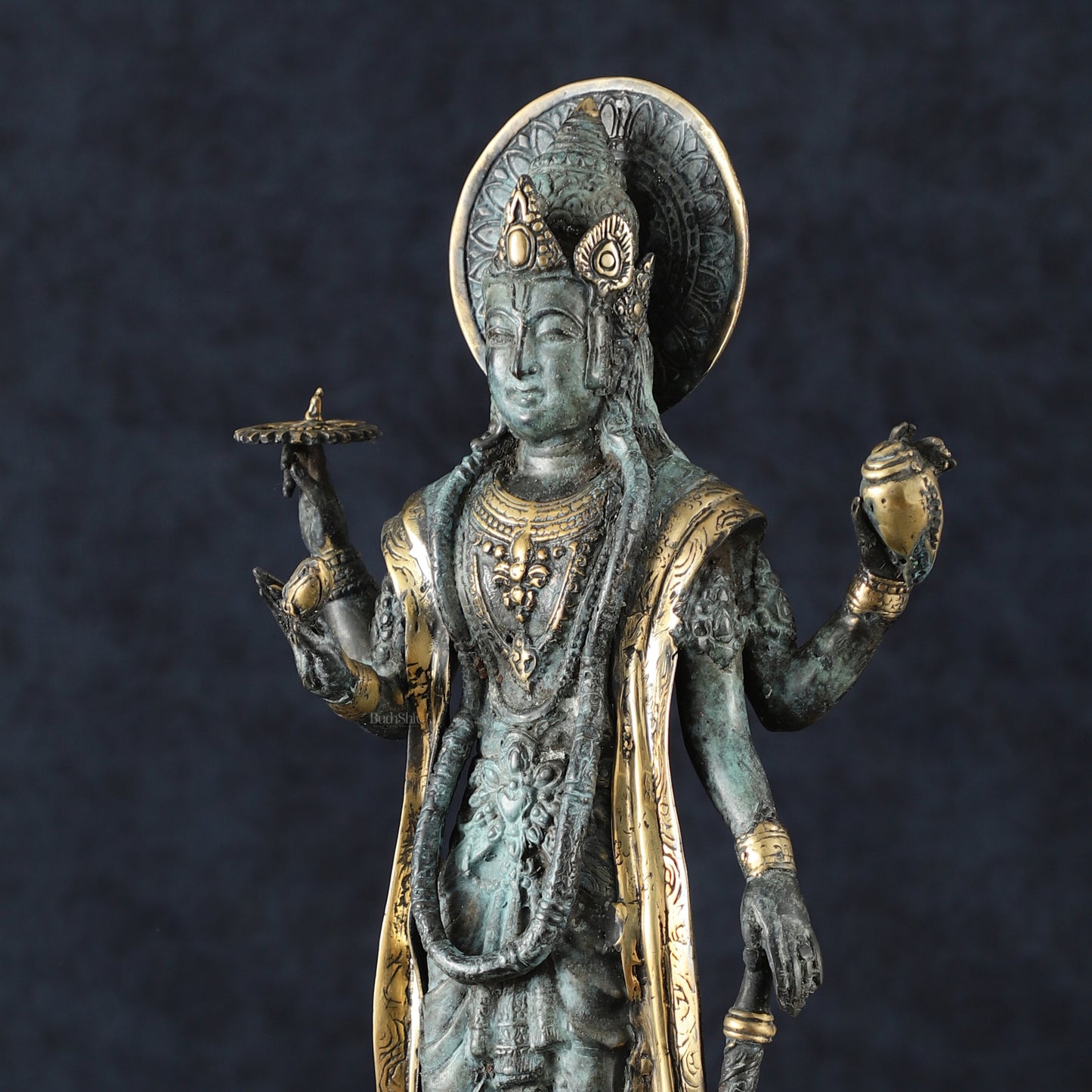 Indonesian Bronze Vintage Blue Standing Vishnu Statue | 18" Height