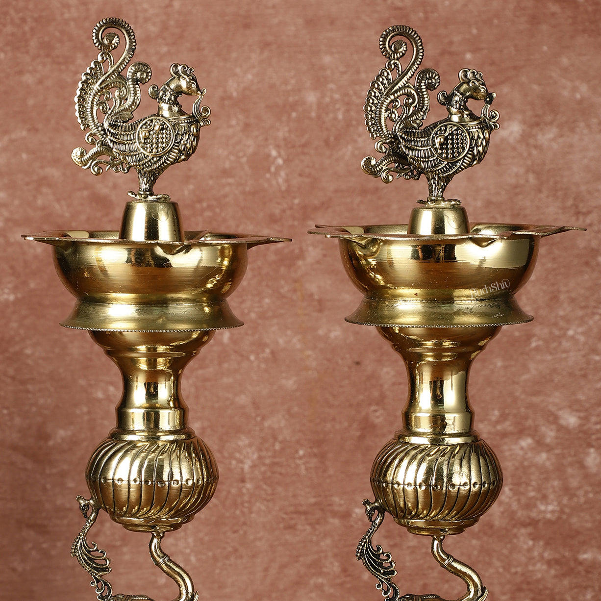 Pair of Brass Superfine Jumping Elephant Peacock Lamps - Intricately Handcrafted - 11.5" Tall