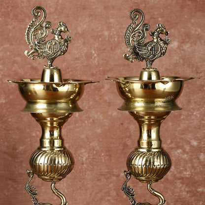 Pair of Brass Superfine Jumping Elephant Peacock Lamps - Intricately Handcrafted - 11.5" Tall