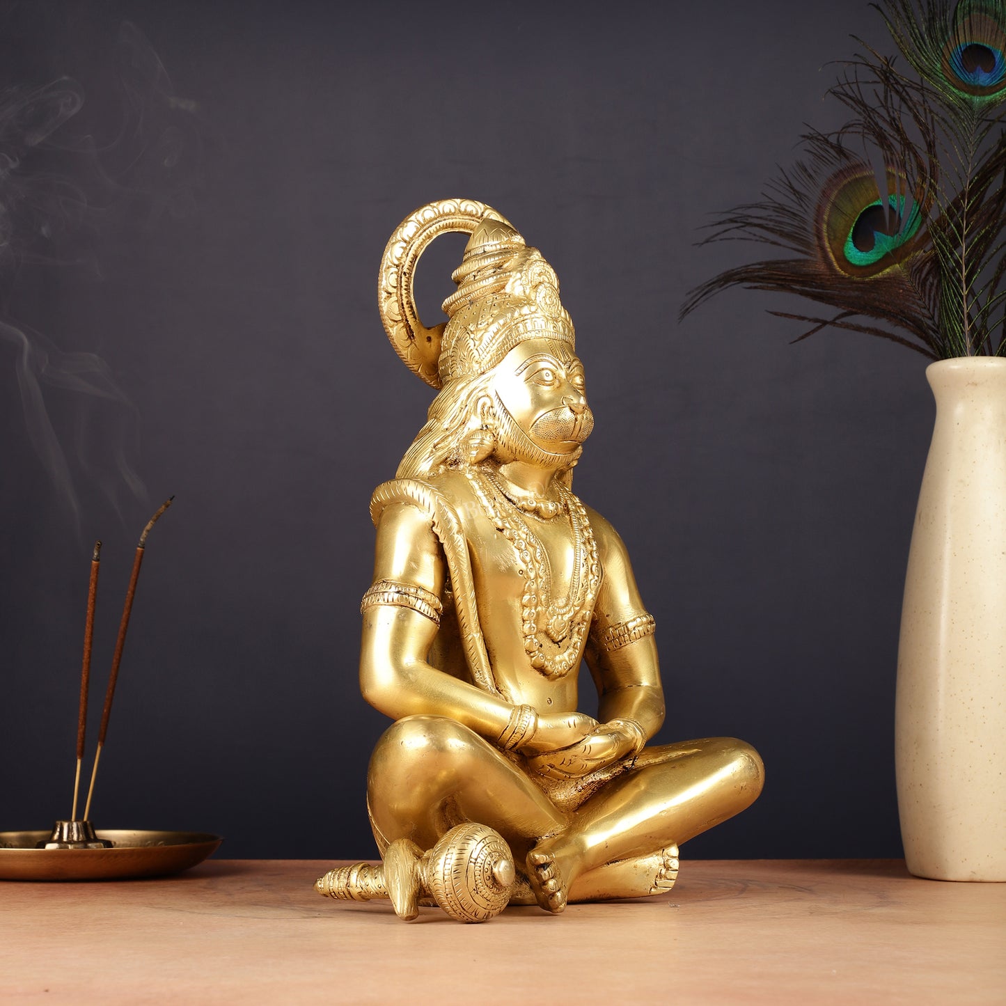 Brass Hanuman Idol in Meditation - 12 inch matte