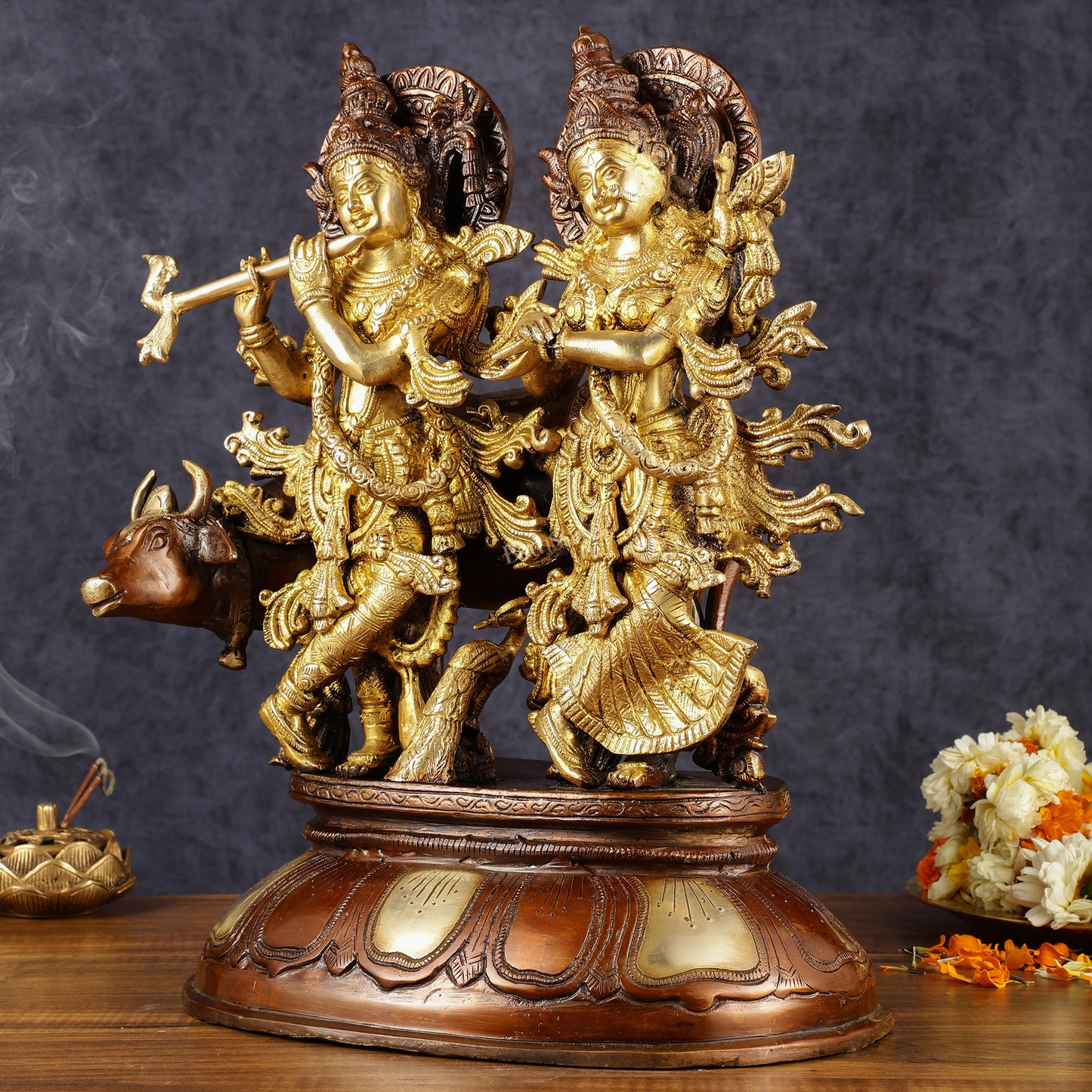 Pure Brass Radha Krishna with Cow Statue | Dual Tone | Height: 16.5 inch