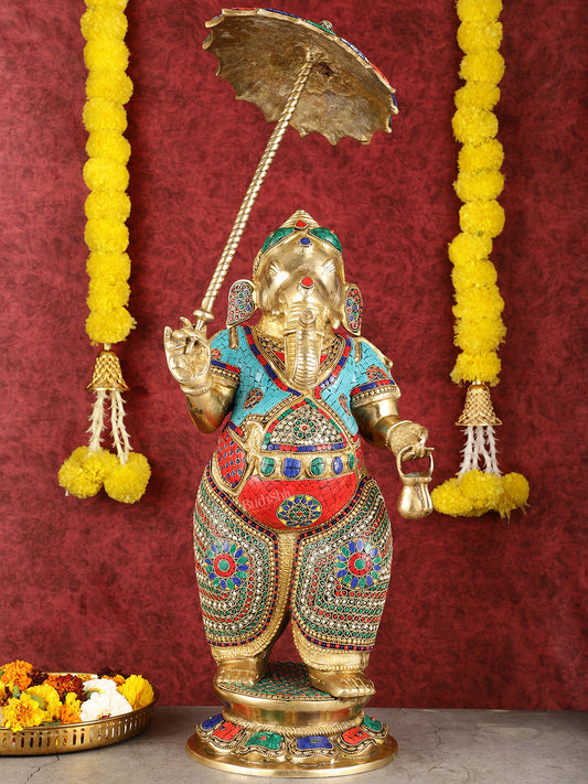 29-inch Standing Lord Ganesha Statue with Umbrella meenakari Stonework